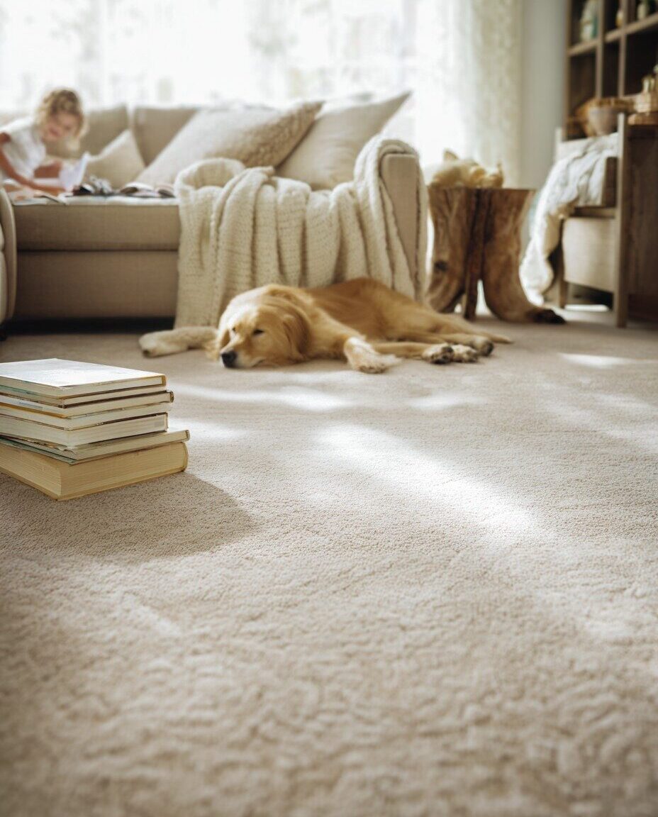 Cozy living room with beige carpet, a golden retriever resting on the floor, a stack of books, and a child sitting on a sofa in the background.