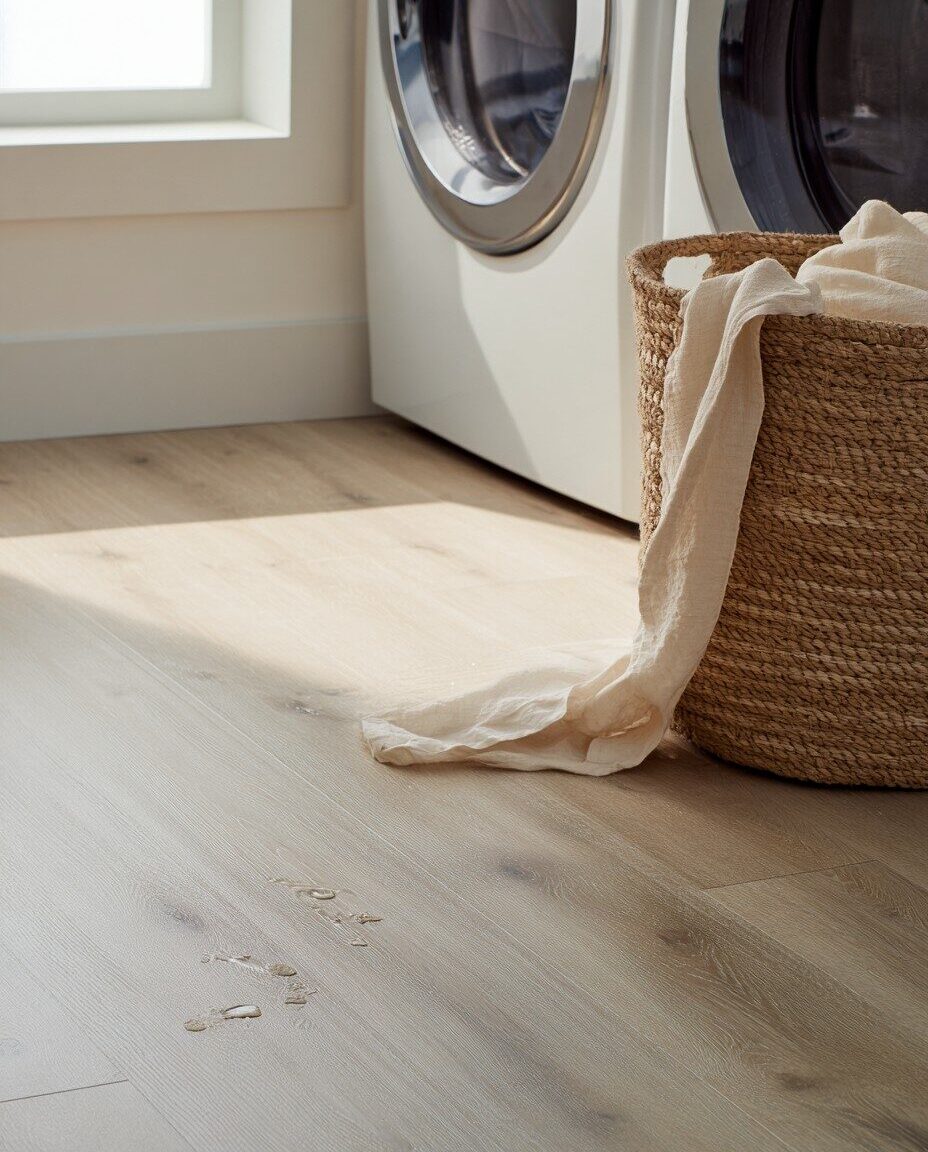 Laundry room with light wood-look luxury vinyl plank flooring, a woven basket with a cloth draped over it, and a washer and dryer in the background.